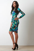 Abstract Whirl Keyhole Yoke Midi Dress